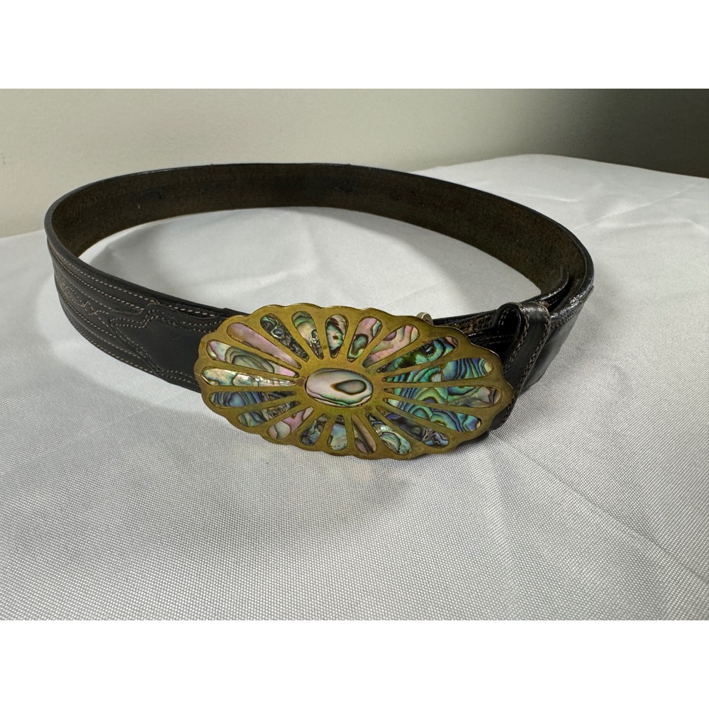 Vintage 70s Hecho en Mexico Brass Abalone Belt Buckle w/ Leegin Leather Strap 40